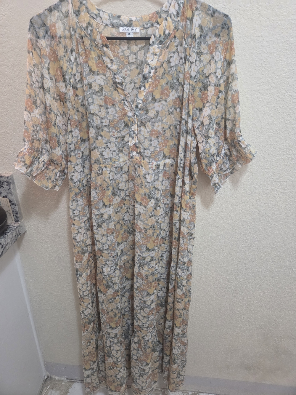 Sage Peach Floral Maxi Dress with Ruffle Sleeves